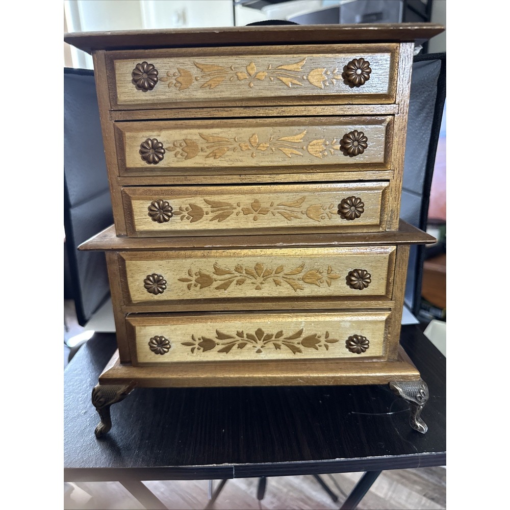 Vintage Florentine Jewelry Music Box Works Wood 5 Drawer Gold Gesso Claw Foot